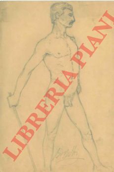 - - Nudo maschile a figura intera con bastone, a gambe aperte.