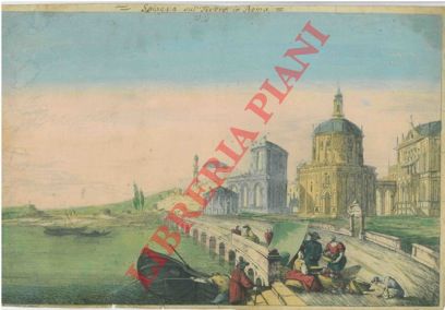 Battaglia - - Venditori ambulanti in primo piano in paesaggio con eleganti edifici e chiese, un fiume o lago.