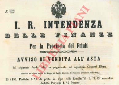 - - Asta del fondo tolto in pagamento ad Agostinis Caporal Elena nel distretto di Tolmezzo.