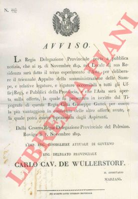 - - Appalto della somministrazione delle Stampe, e relative legature, e rilegature occorribili a tutti gli uffici Regj e Pubblici della Provincia.