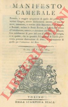 Manifesto Camerale - sull'introduzione, estrazione e transito delle mercanzie, vini, generi e bestiami, escluse le bestie bovine e lanute. Ed intorno all'introduzione, smercio e ritenzione del sale e tabacco ...