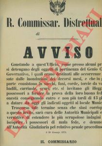 - - Richiesta a chi possiede impropriamente utensili o materiali del Genio Civile (sacchi, funi, corde, torcie da vento, badili, carriuole, ecc.) di riconsegna per essere utilizzati alle occorrenze causate dalle ultime inondazioni.