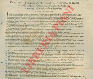 - - Condannati trasmessi dal Tribunale del Governo di Roma alla Galera, all'Opera, & in Castel S.Angelo a tenore delle rispettive sentenze.