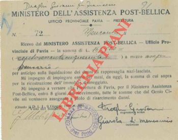 Ministero dell'Assistenza Post-Bellica - - Anticipo sulla liquidazione dei danni di rappresaglia nazi-fascista.