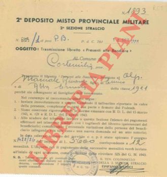 2 Deposito Misto Provinciale Militare - - Trasmissione libretto 'Presenti alle Bandiere'.