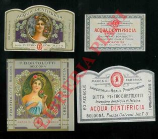Pietro Bortolotti - - Etichette di 'acqua' e 'crema' dentifricia.