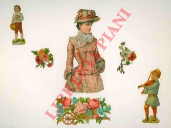 - - Sei cromo (signora elegantissima, bambino suonatore di violino ed altro con fiori, carriola con fiori e fiori)