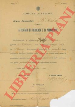 Attestato di frequenza e di promozione - - Comune di Verona. Scuola elementare B Rubele, 1900.