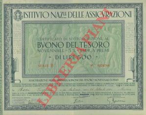 Ist. Naz.le delle Assicurazioni - - Certificato di sottoscrizione al Buono del Tesoro ... di Lire 500.