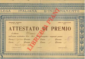 - - Attestato di Premio. Lega Italiana d'Insegnamento. Torino, 1931