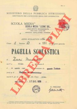 - - Pagella scolastica. Scuola Media Leone XIII, Milano, 1956/58.