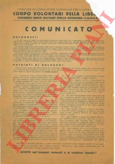 CLNAI. Corpo Volontari della Libert. Comando Unico Militare Emilia - Romagna (CUMER)  - - Comunicato. Bolognesi! Patrioti di Bologna!