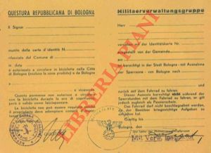 Questura repubblicana di Bologna. Militaerwaltungsgruppe - - Autorizzazione a circolare in bicicletta nella Citt di Bologna ...