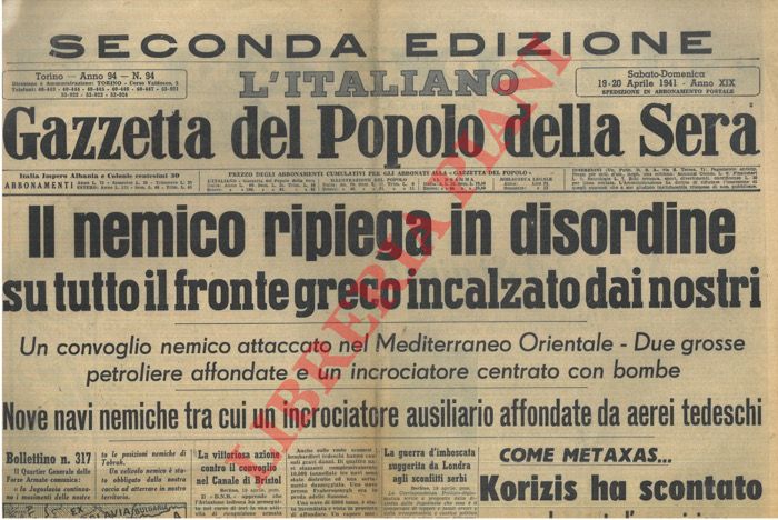 Gazzetta del Popolo della Sera - - Il nemico ripiega in disordine su tutto il fronte greco incalzato dai nostri.