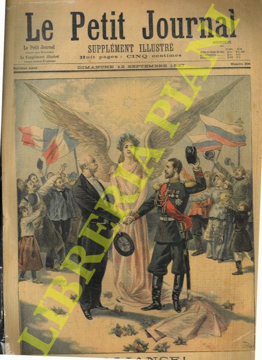 - - Allegoria della vittoria alata e Presidente francese ed Imperatore russo si stringono la mano, tra popoli e bandiere.