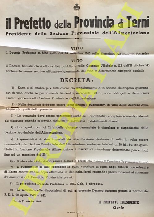 - - Norme relative all'approvvigionamento del vino a determinate categorie sociali.