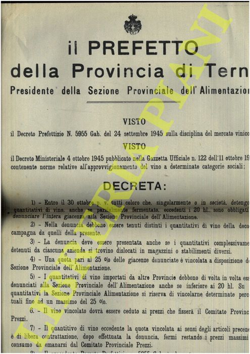 - - Norme relative all'approvvigionamento del vino a determinate categorie sociali.