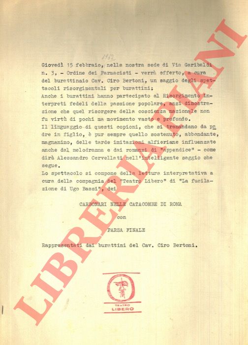 CERVELLATI Alessandro - - Carbonari nelle catacombe di Roma con farsa finale. Rappresentati dai burattini del Cav. Ciro Bertoni.