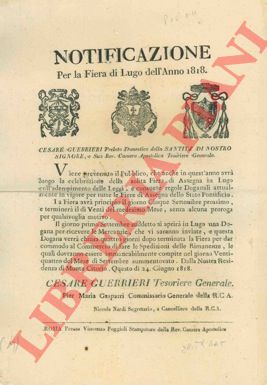 - - Notificazione per la Fiera di Lugo dell'anno 1818 (dal 5 al 20 settembre).