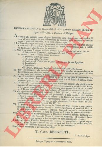 - - Disposizioni sul comportamento da tenersi nei Teatri e Spettacoli pubblici (divieto di accesso al Palco Scenico, di entrare con Pipa accesa, condurvi Cani, offendere, fischiare, schiamazzare, ecc.)