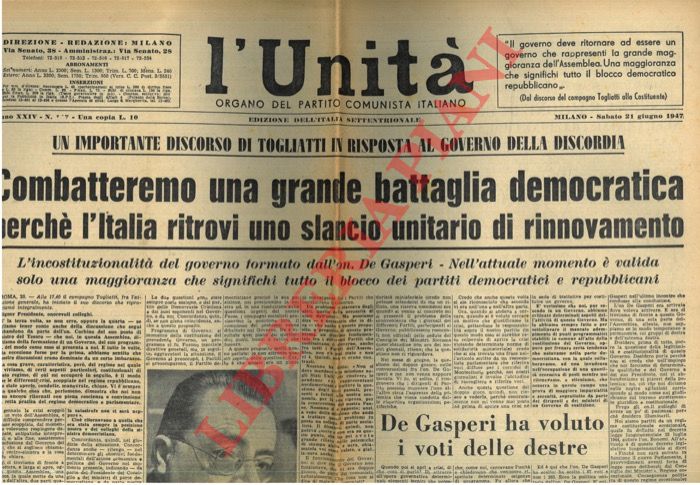 - - Importante discorso di Togliatti in risposta al governo della discordia.