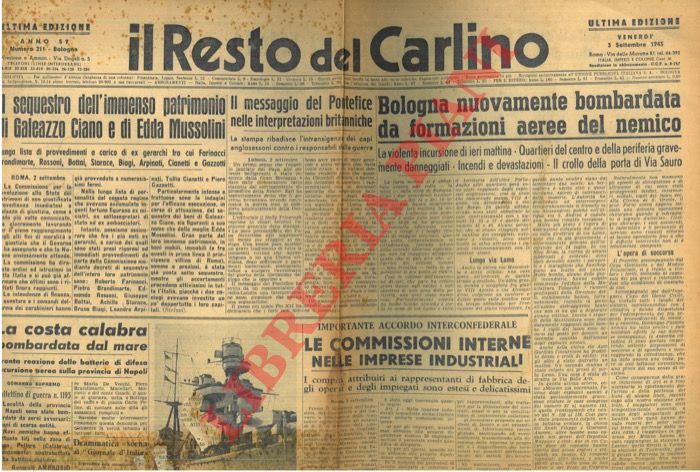 - - Bologna nuovamente bombardata da formazioni aeree del nemico.