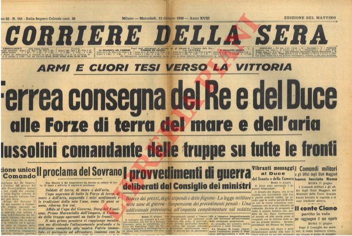 - - Ferrea consegna del Re e del Duce alle forze di terra del mare e dell'aria. Armi e cuori tesi verso la vittoria.