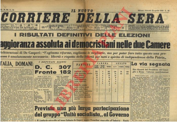 - - Maggioranza assoluta ai democristiani nelle due Camere.