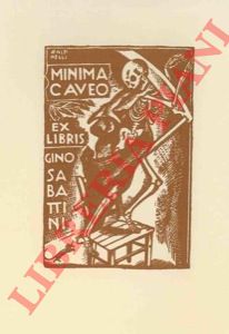 BALDINELLI Armando. - Un foglietto xil. per Gino Sabattini, stampata in marron, cm. 11,5 x 7,0 (Minima caveo; la morte con tanto di falce, su una sedia, spaventata da un topolino).