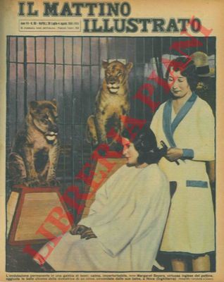 - - L'ondulazione permanente in una gabbia di leoni: calma, imperturbabile, miss Margaret Seyers, virtuosa inglese del pettine, aggiusta le belle chiome della domatrice di un circo, circondata dalle sue belve, a Hove (Inghilterra) .