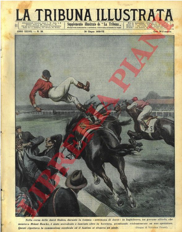 PISANI Vittorio - - Nella corsa delle Ascot Stakes, durante la famosa 'settimana di Ascot' in Inghilterra, un giovane allievo, che montava Mount Hawke,  stato scavalcato e lanciato oltre la barriera, piombando su uno spettatore. Questi riportava la commozione cerebrale ed il fantino si slogava un piede.