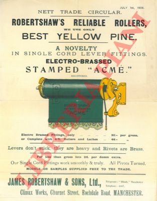 James Robertshaw and Sons. - Illustrated nett trade list of Robertshaw's vellum paper blinds - Spring stop roller - Extension spring roller - Reliable rollers - British made rollers - Ball bearing brackets - Ball bearing  portiere rods -