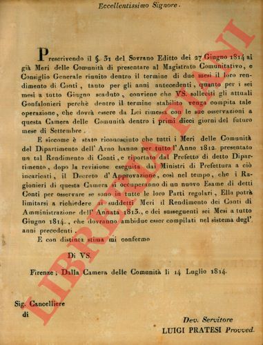- - Avviso di presentare al Magistrato Comunitativo e Consiglio Regionale il rendimento dei conti.