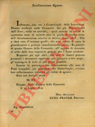 - - Avviso ai Camarlinghi delle Imposizioni Dirette per devenire al saldo delle loro gestioni.