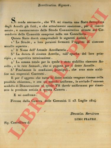 - - Necessit di avere uno stato esatto degli Accolli per il risarcimento delle strade comunitative.