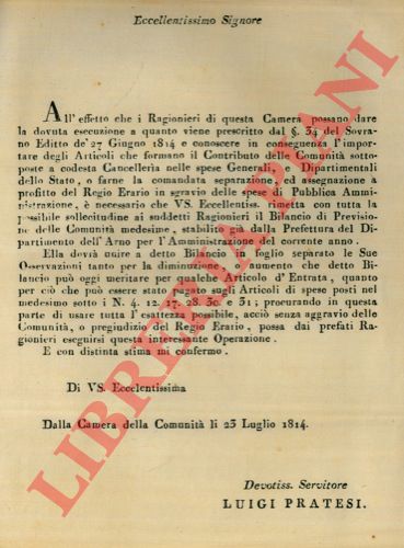 - - Necessit di rimettere ai Ragionieri il Bilancio di Previsione delle comunit medesime.