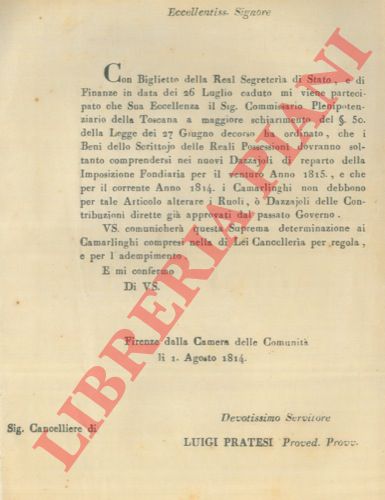 - - Ordine che i Beni dello Scrittoio delle Reali Possessioni dovranno essere compresi soltanto nei nuovi Dazzaioli.