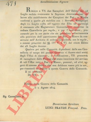 - - Avviso per visionare gli editti contenenti le supreme determinazioni relative allo stabilimento dei Pesi e delle Misure in uso.