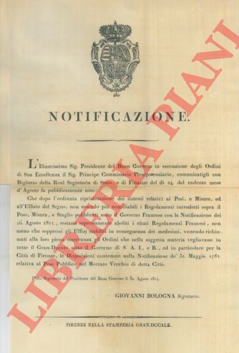 - - Avviso che i regolamenti di pesi e delle misure vagliati sotto il Governo Francese sono aboliti in favore dei nuovi.