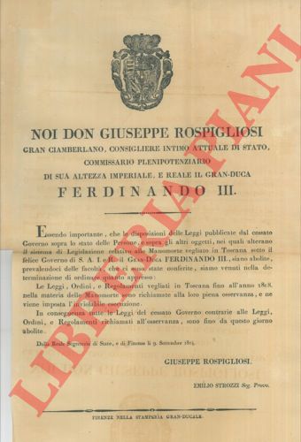 - - Ordine di ripristino delle leggi inerenti alla materia delle Manomorte.