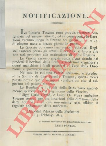 - - Annuncio riguardante la Lotteria Toscana e le sue estrazioni.