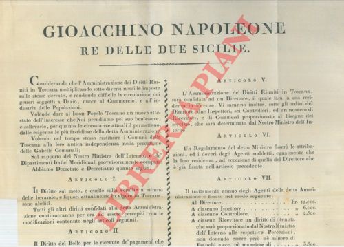 - - Ammistrazione delle derrate, dei generi soggetti a dazio e ripristino delle Gabelle Comunali.