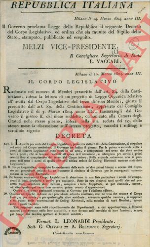 - - Decreto riguardante l'uscita dal Corpo Legislativo di un terzo dei suoi membri.