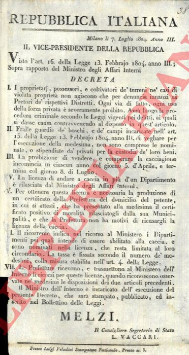 - - Regolamentarizzaione dei terreni agricoli, boschivi e dell'attivit di caccia.