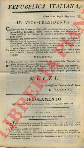- - Regolamento sulle Armi a Fuoco di Commercio delle Manifatture Bresciane.