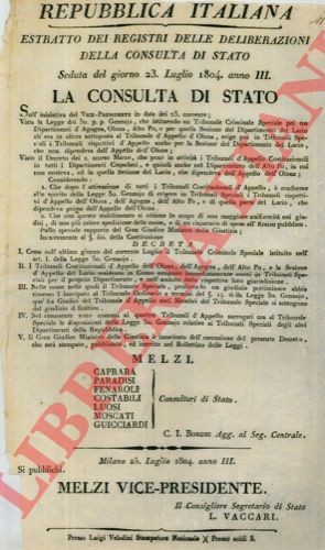 - - Istaurazione dei Tribunali Speciali Criminali per i Dipartimenti di Agogna, Olona  e Alto Po.