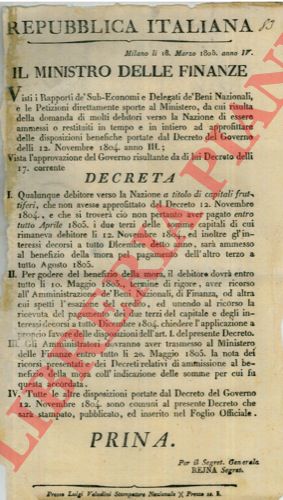 - - Decreto sopra i rapporti Sub-Economici e delegati dei Beni Nazionali.