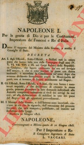 - - Decreto sulla Concessione della Cittadinanza agli ufficiali esteri che hanno fatto parte dell'Armata Italiana.