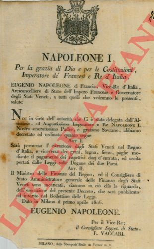 - - Possibilit di estrazione presso gli Stati Veneti di grano, legna,fieno, paglie tramite il pagamento di dazi.
