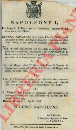 - - Unione dell'Ufficio delle poste di Venezia in Roma a quello delle Poste del Regno.